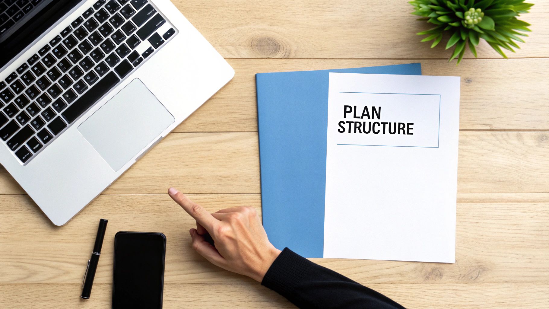 Une main pointe un document 'PLAN STRUCTURE' sur un bureau en bois avec un ordinateur portable et un téléphone.