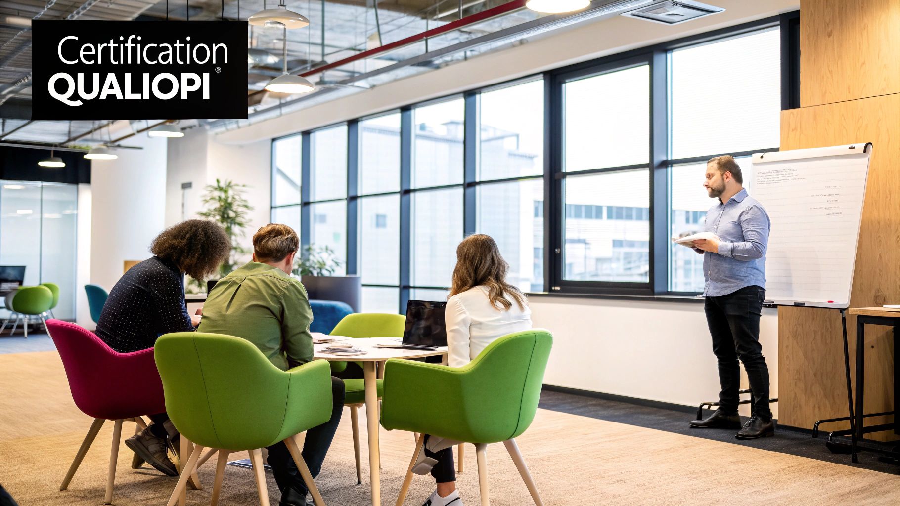 Une personne travaillant sur un ordinateur portable dans un bureau moderne, symbolisant la création d'un centre de formation Qualiopi
