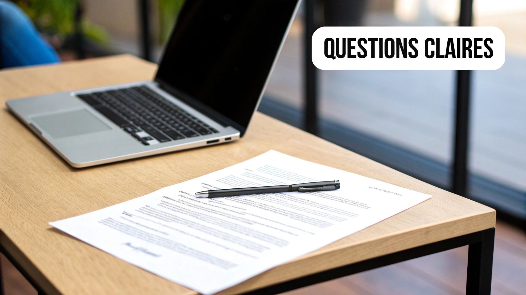 Un ordinateur portable, un document et un stylo sur un bureau en bois, avec le texte 'QUESTIONS CLAIRES'.