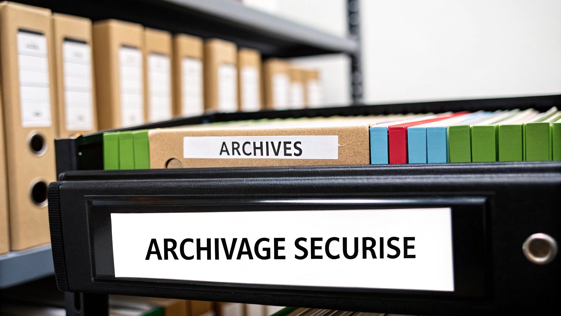 Dossiers et classeurs sur des étagères, avec des étiquettes indiquant « ARCHIVES » et « ARCHIVAGE SECURISÉ ».