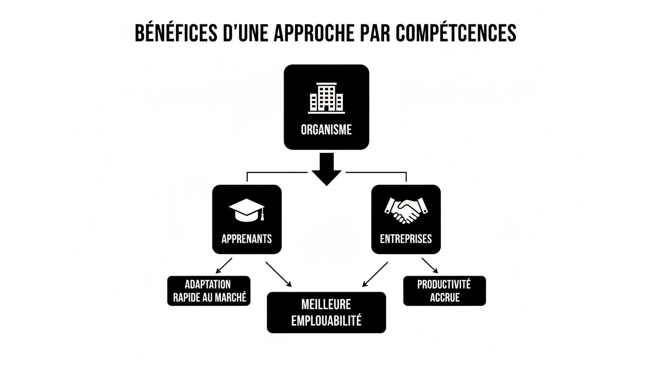 Infographie présentant les bénéfices d'une approche par compétences pour les organismes, apprenants et entreprises, incluant l'employabilité et la productivité.