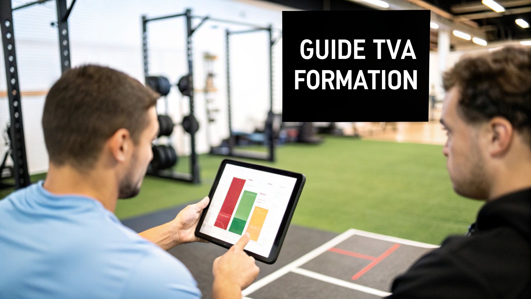 Formateur présentant un guide TVA sur tablette dans une salle de sport avec graphiques colorés