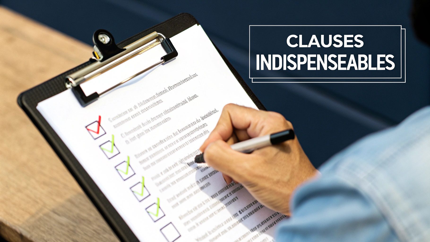 Personne complétant une liste de clauses indispensables sur un document de formation avec un stylo