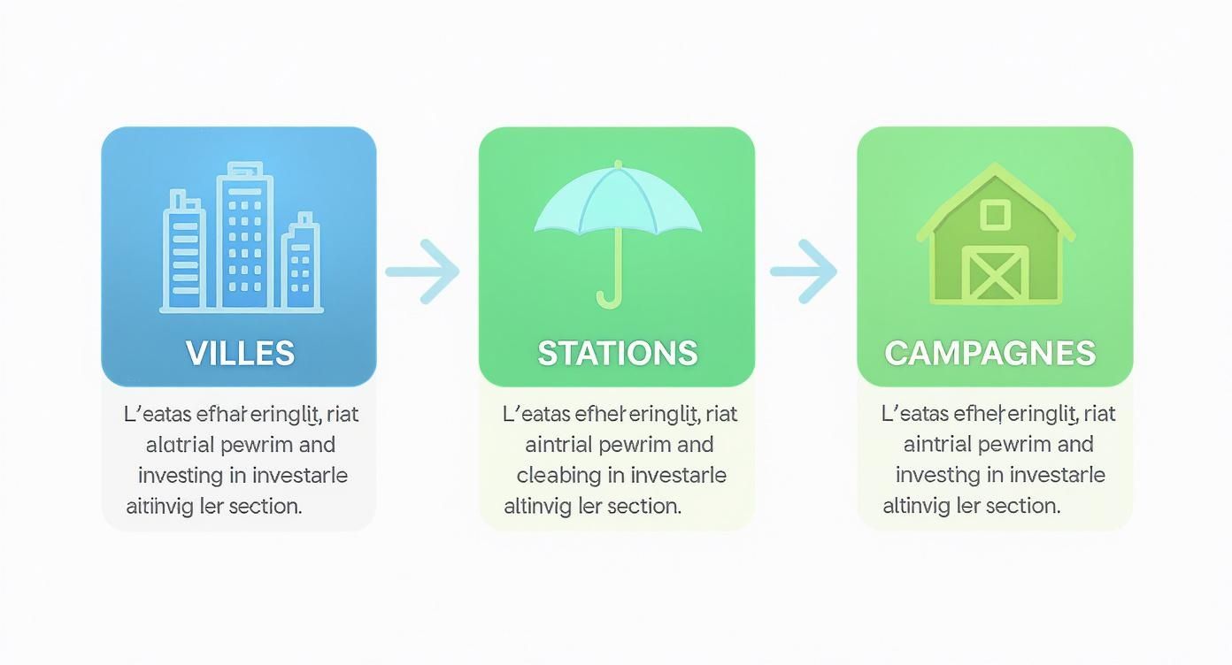 Diagramme illustrant la progression de l'immobilier des villes aux stations balnéaires puis aux campagnes rurales