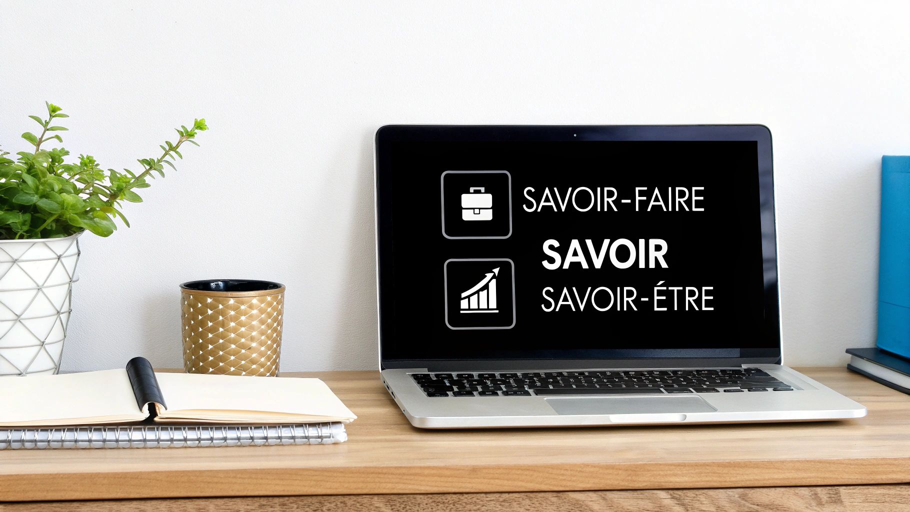 Écran d'ordinateur affichant les mots Savoir-faire, Savoir et Savoir-être, avec des icônes sur un bureau en bois.