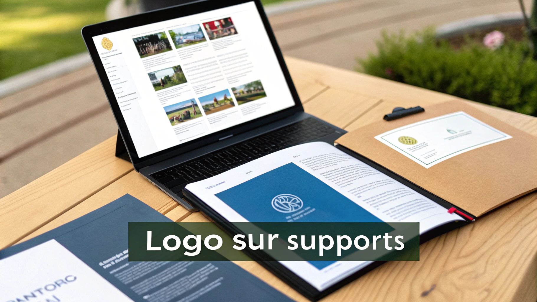 Visuels de logos sur divers supports : écran d'ordinateur, brochure et dossier de présentation, posés sur une table en bois.