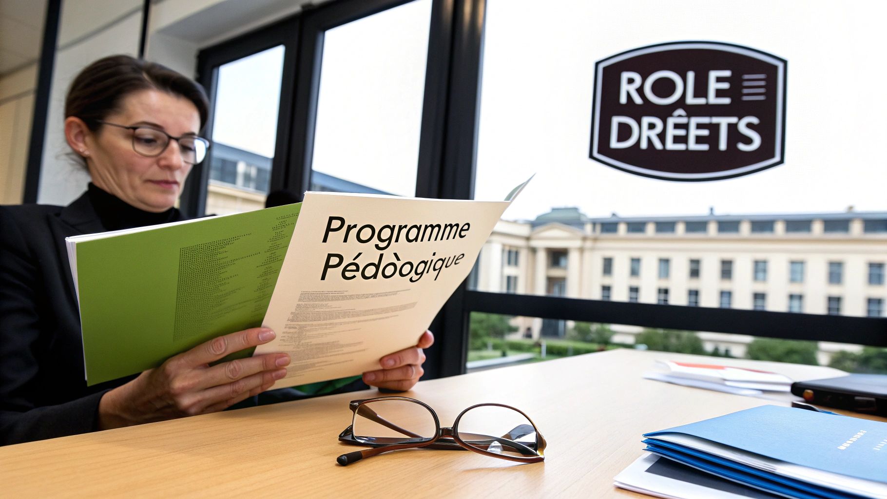 Femme lisant un document 'Programme Pédagogique' à un bureau, lunettes posées, logo 'ROLE DREËTS' en arrière-plan.