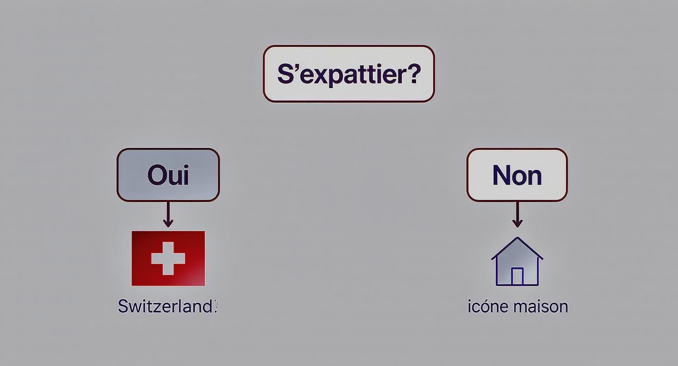 Diagramme de décision demandant « S'expatrier ? ». Le oui mène à la Suisse, le non à la maison.