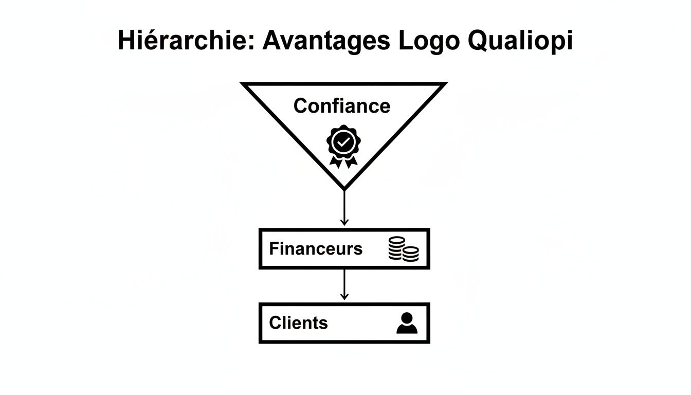 Diagramme hiérarchique illustrant les avantages du logo Qualiopi: Confiance, Financeurs, Clients.
