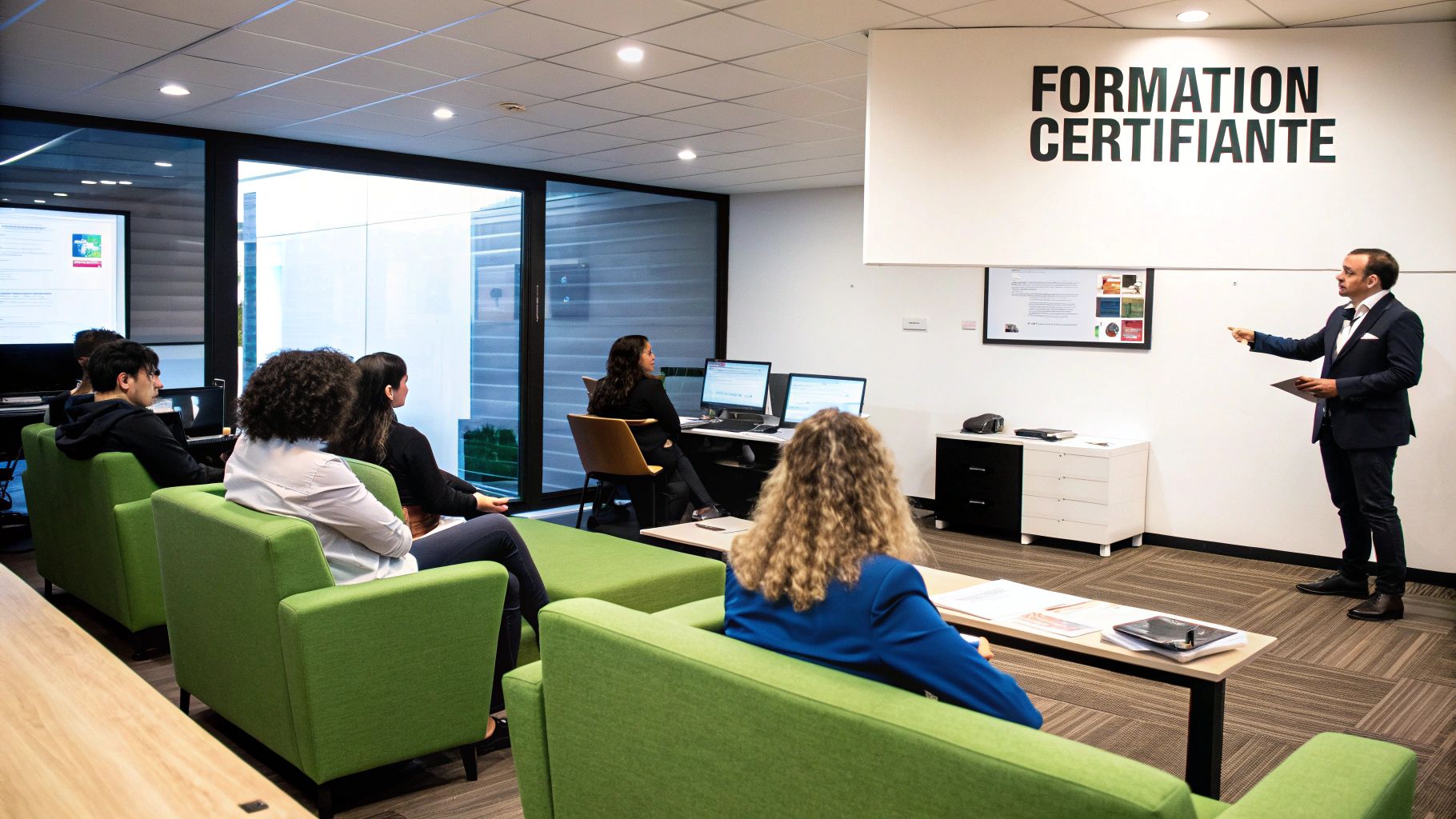 Une formatrice animant une session de formation devant un groupe attentif.