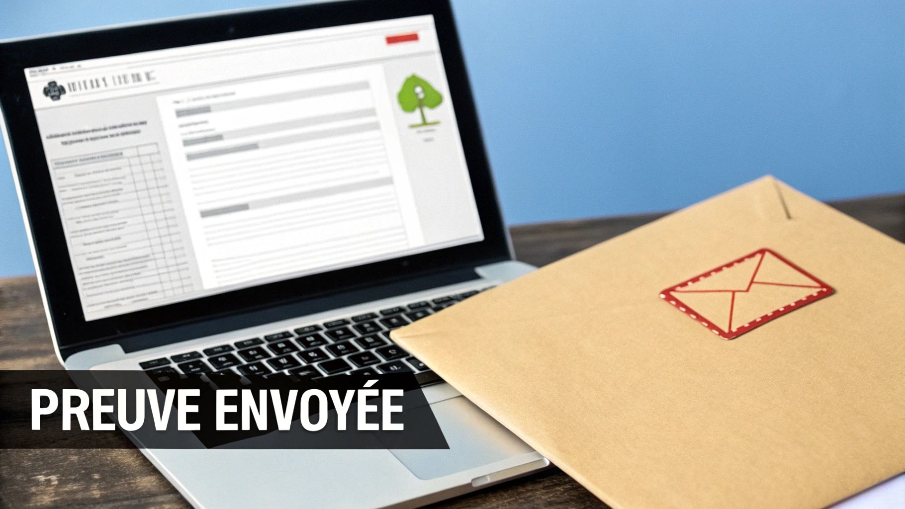 Ordinateur portable affichant un document en ligne et une enveloppe postale. Preuve envoyée numérique.