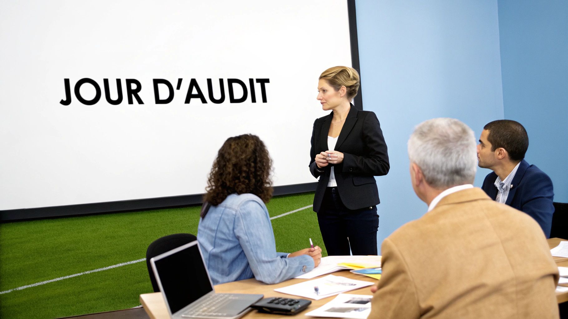 Une discussion professionnelle entre un auditeur et une équipe dans un bureau moderne, symbolisant le déroulement de l'audit Qualiopi.