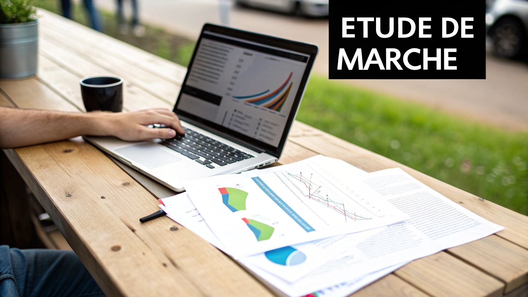 Un homme travaille sur un ordinateur portable affichant des graphiques et des documents sur une table en bois, réalisant une étude de marché en extérieur.