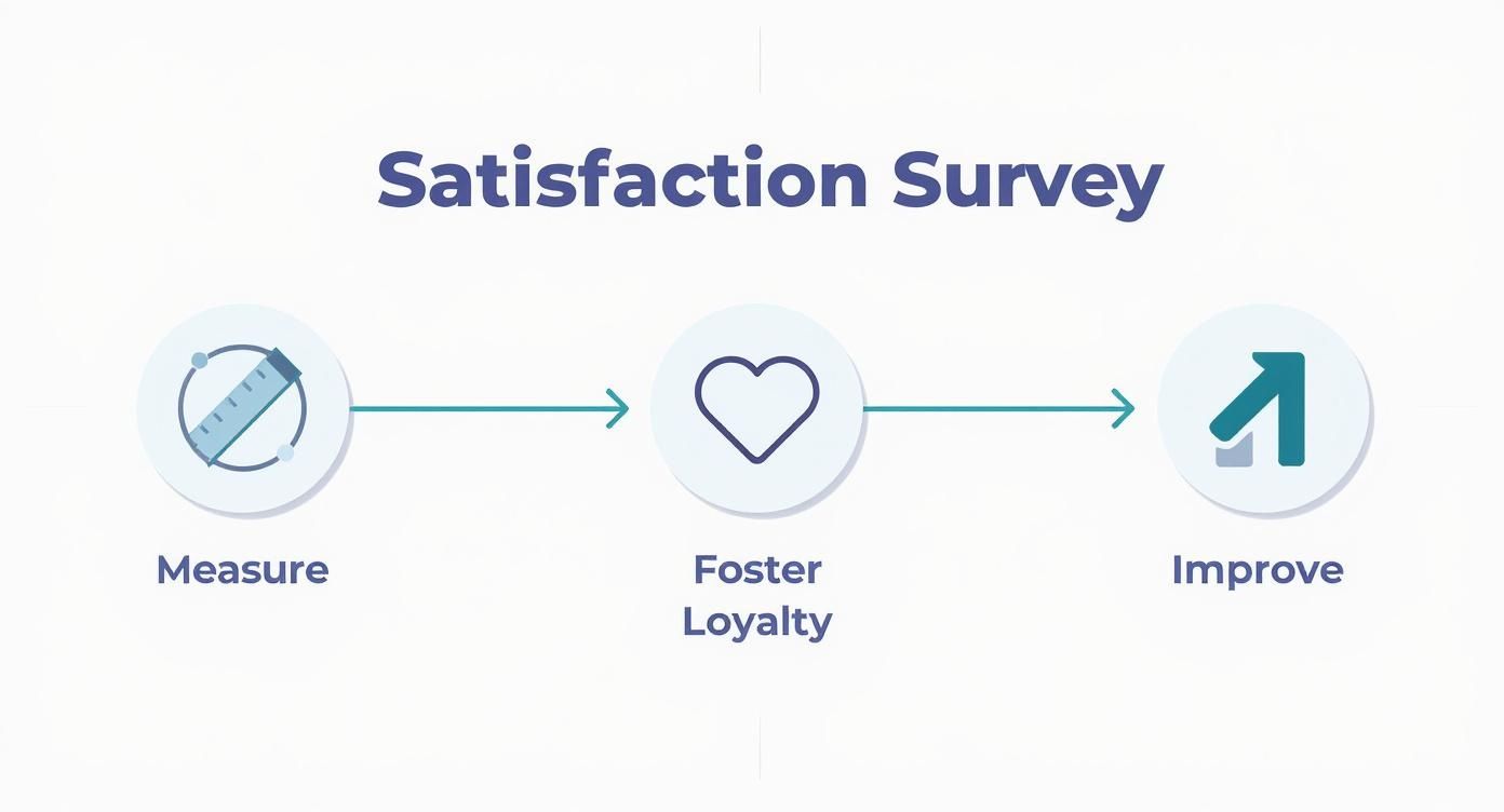 Diagramme illustrant les étapes d'un sondage de satisfaction : Mesurer, Fidéliser, Améliorer.
