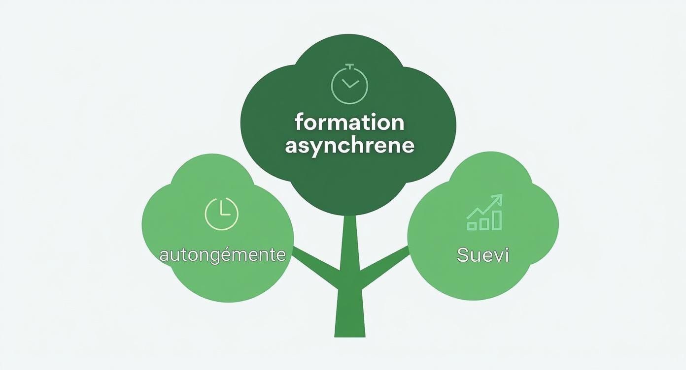 Infographie illustrant un arbre de décision pour la formation asynchrone, avec des branches pour l'autonomie, l'engagement et le suivi.