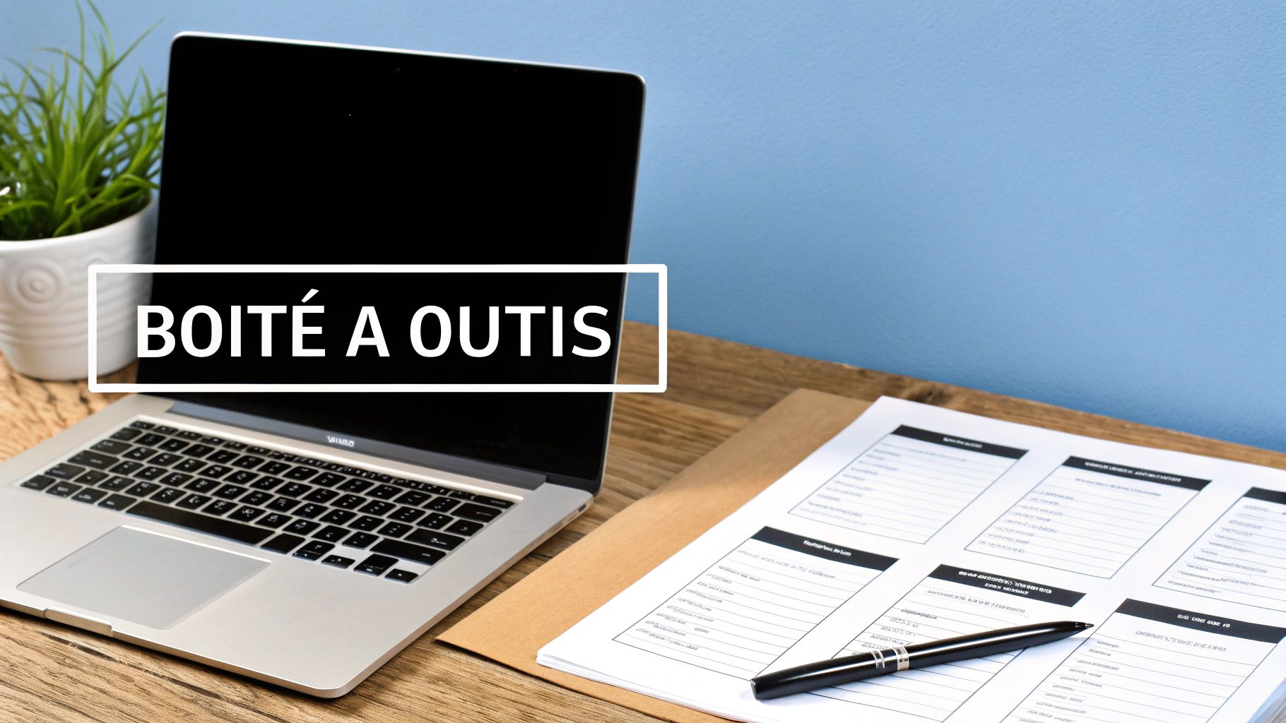 Un ordinateur portable sur un bureau en bois avec une plante, des documents, un stylo et le texte "BOITÉ À OUTILS" en surimpression.