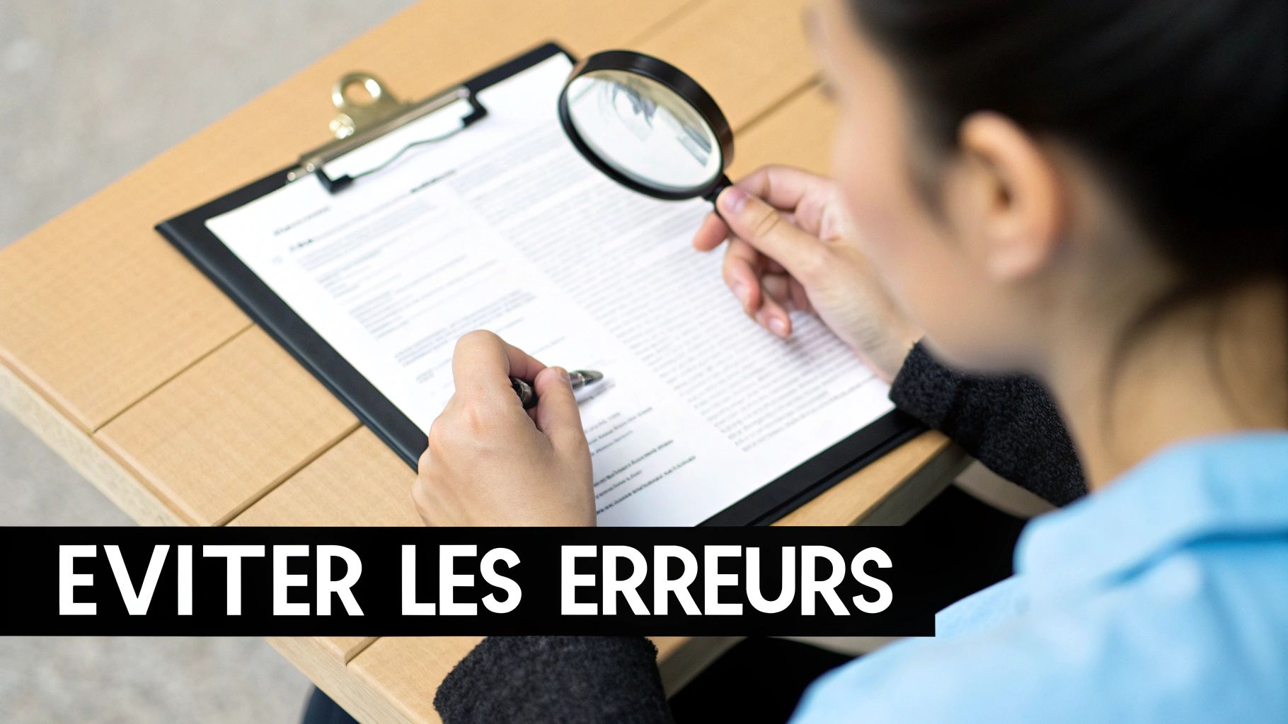 Personne examinant attentivement un document avec une loupe et un stylo pour éviter les erreurs.