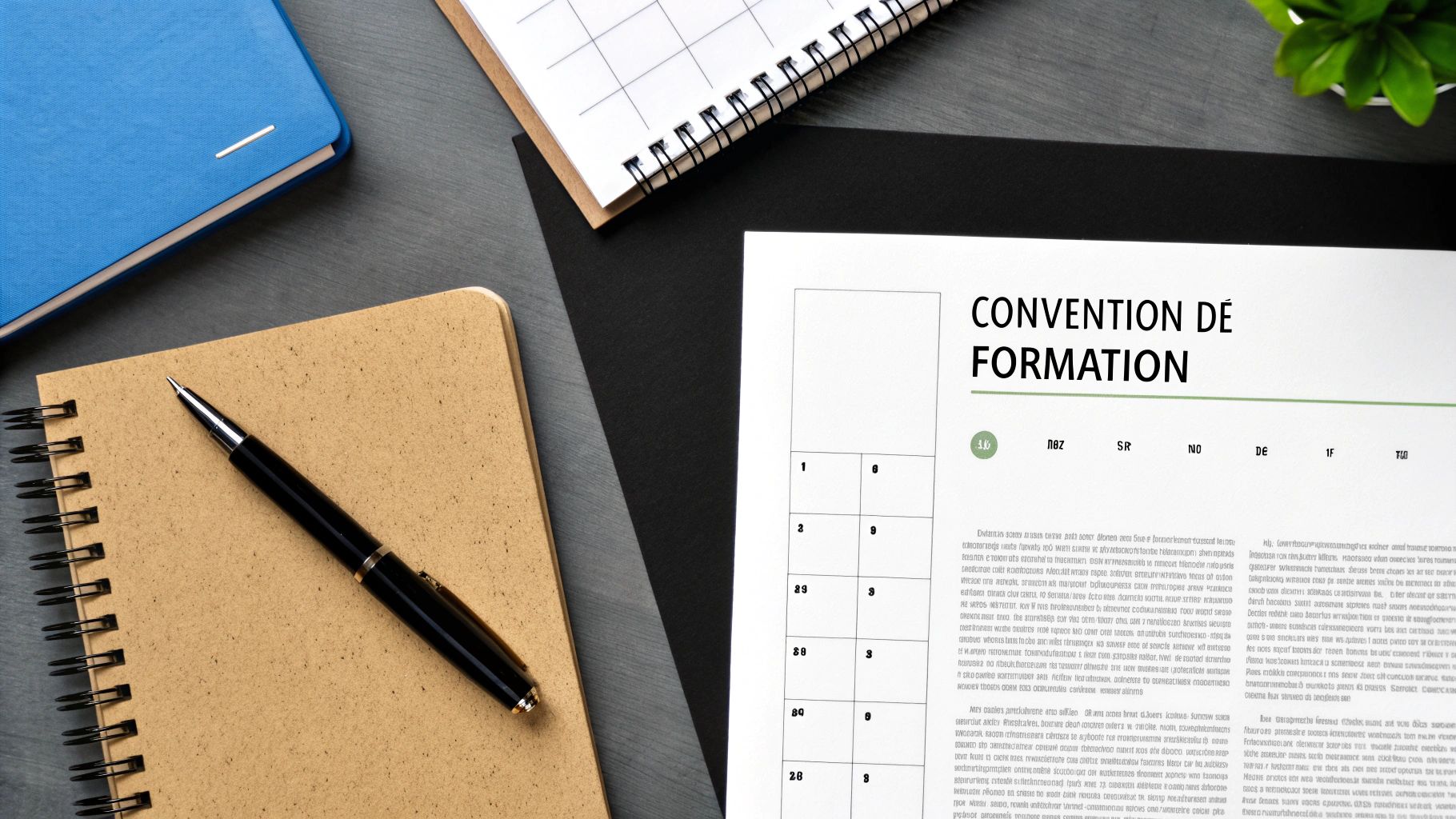 Convention de formation professionnelle sur bureau avec cahiers, stylo et calendrier