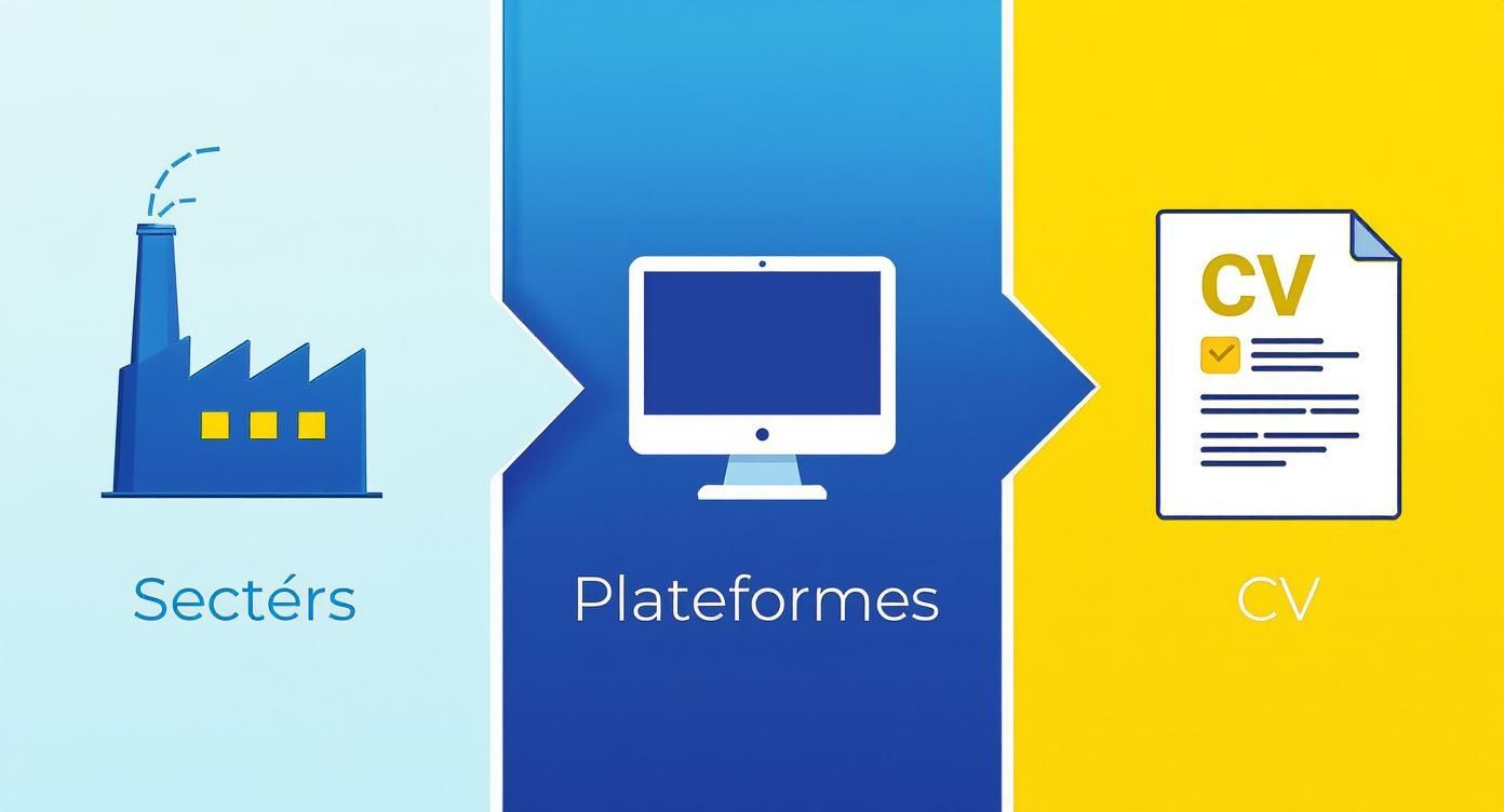 L'image représente un processus en trois étapes: Secteurs (usine), Plateformes (ordinateur) et CV, illustrant la recherche d'emploi.