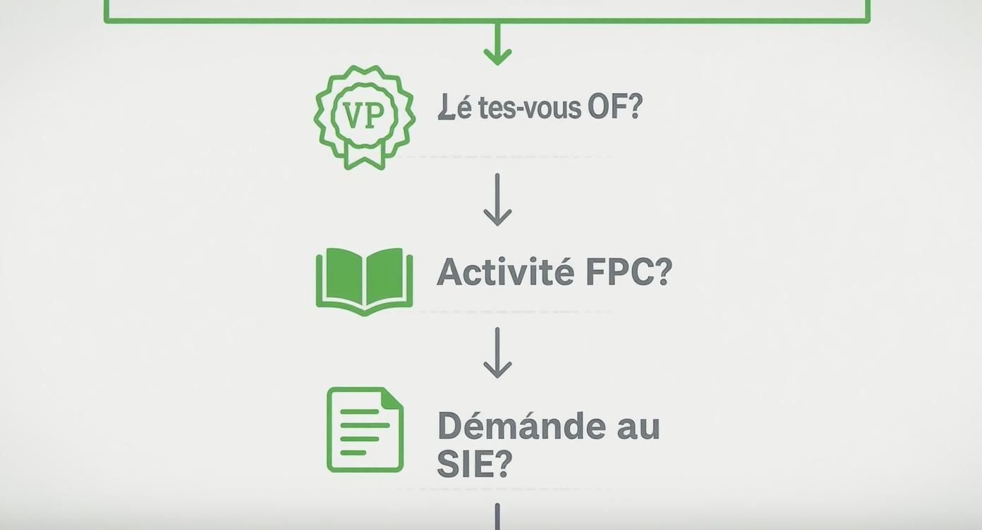 Diagramme montrant le processus de vérification pour les organismes de formation: statut VP, activité FPC et demande au SIE
