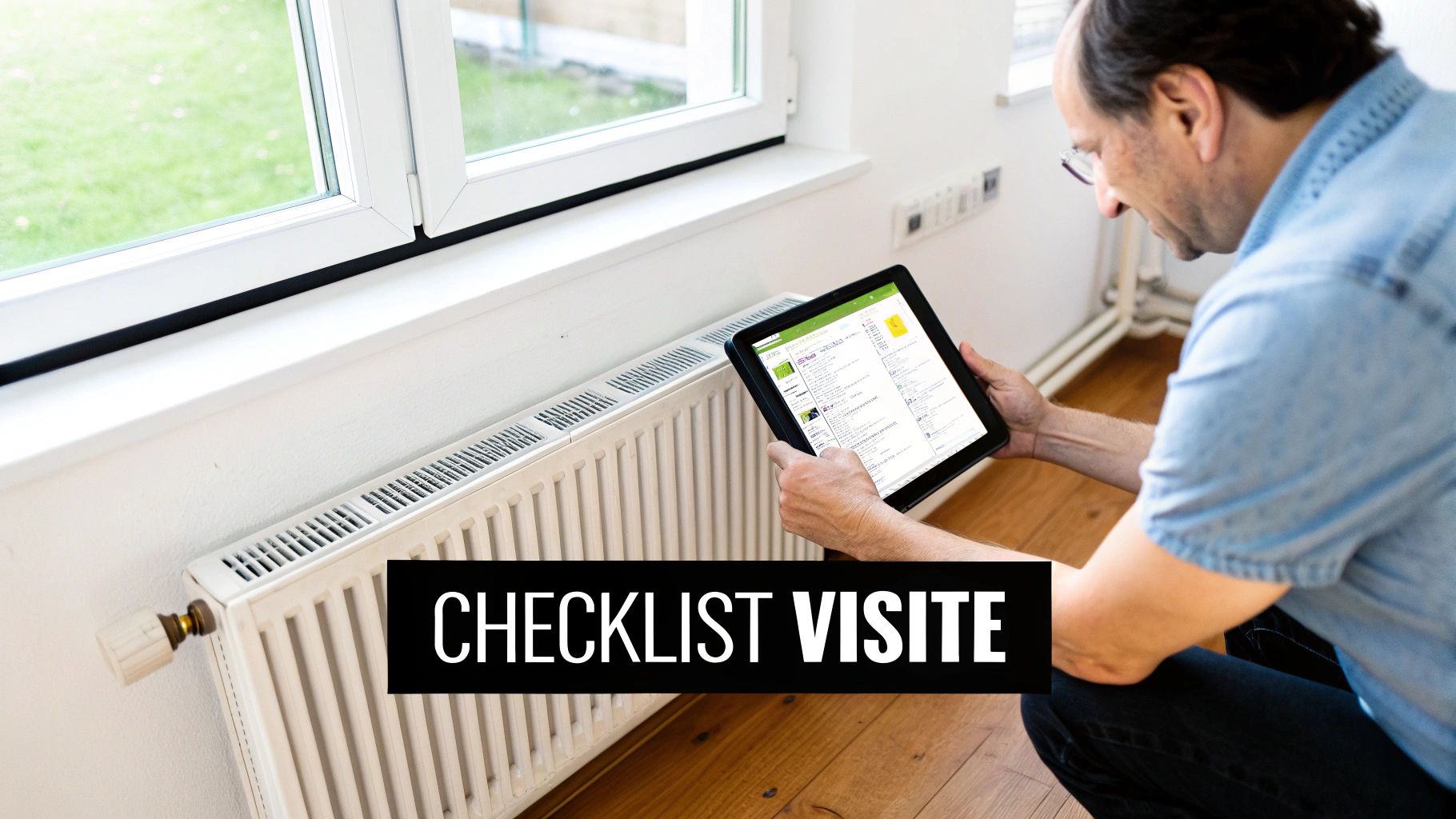 Professionnel consultant une liste de contrôle numérique sur tablette près d'un radiateur de chauffage