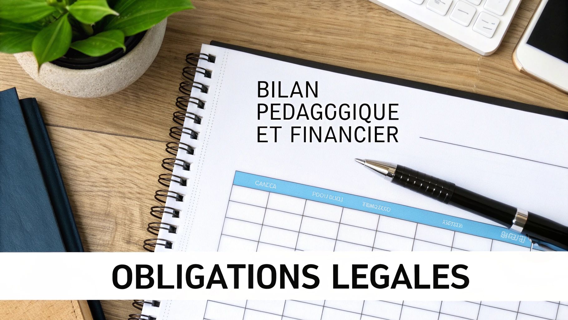 Un cahier ouvert sur un bureau, affichant 'Bilan pédagogique et financier' et 'Obligations légales' avec un stylo.