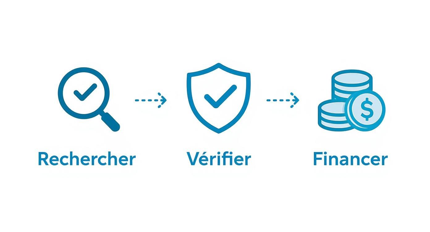 Infographie illustrant le processus en 3 étapes : Rechercher, Vérifier, Financer, pour utiliser la liste publique des organismes de formation
