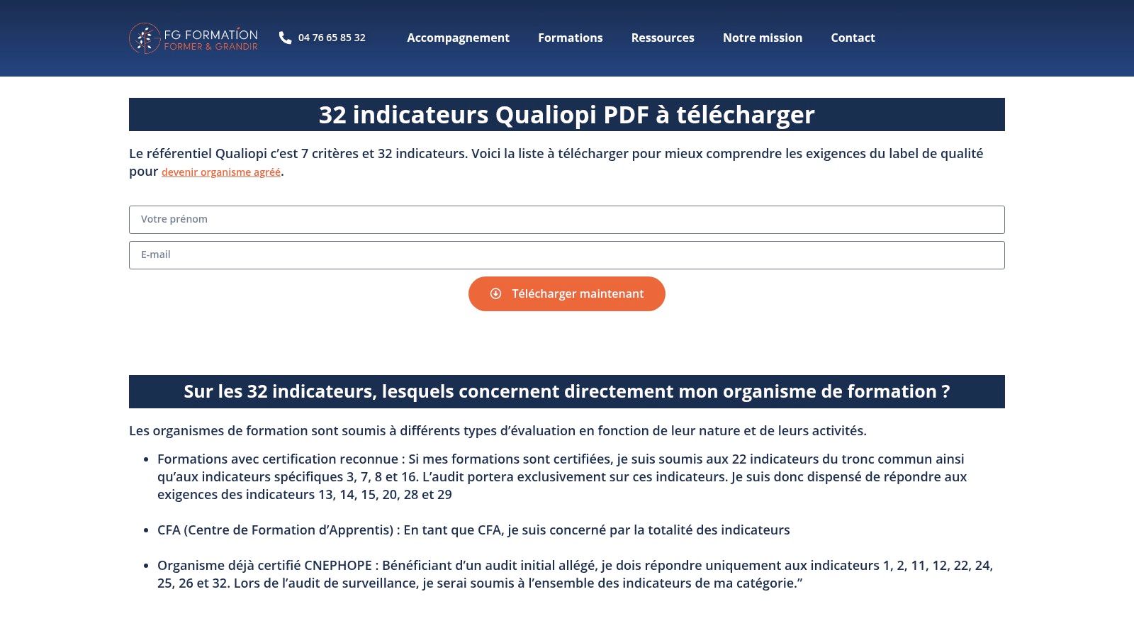 FG Formation – Page "32 indicateurs Qualiopi PDF"