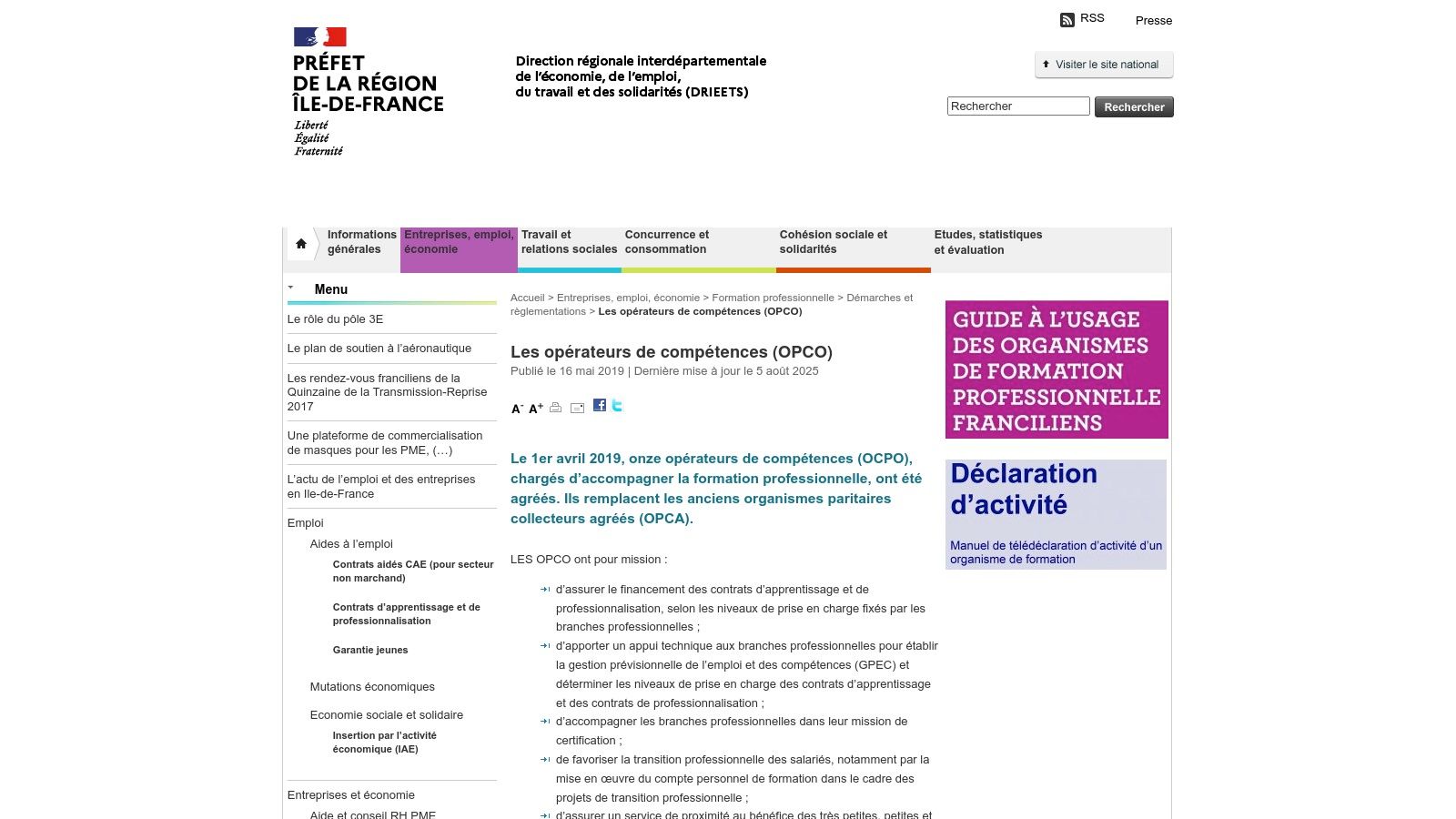 DREETS Île‑de‑France – Page OPCO