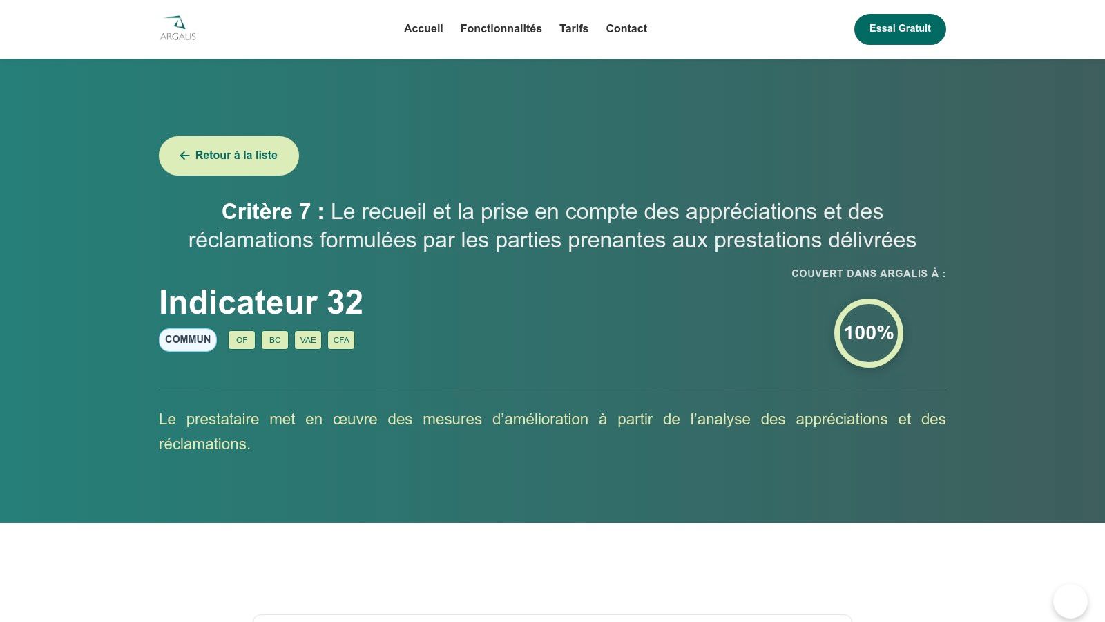 Argalis – Module Qualité mappé aux 32 indicateurs