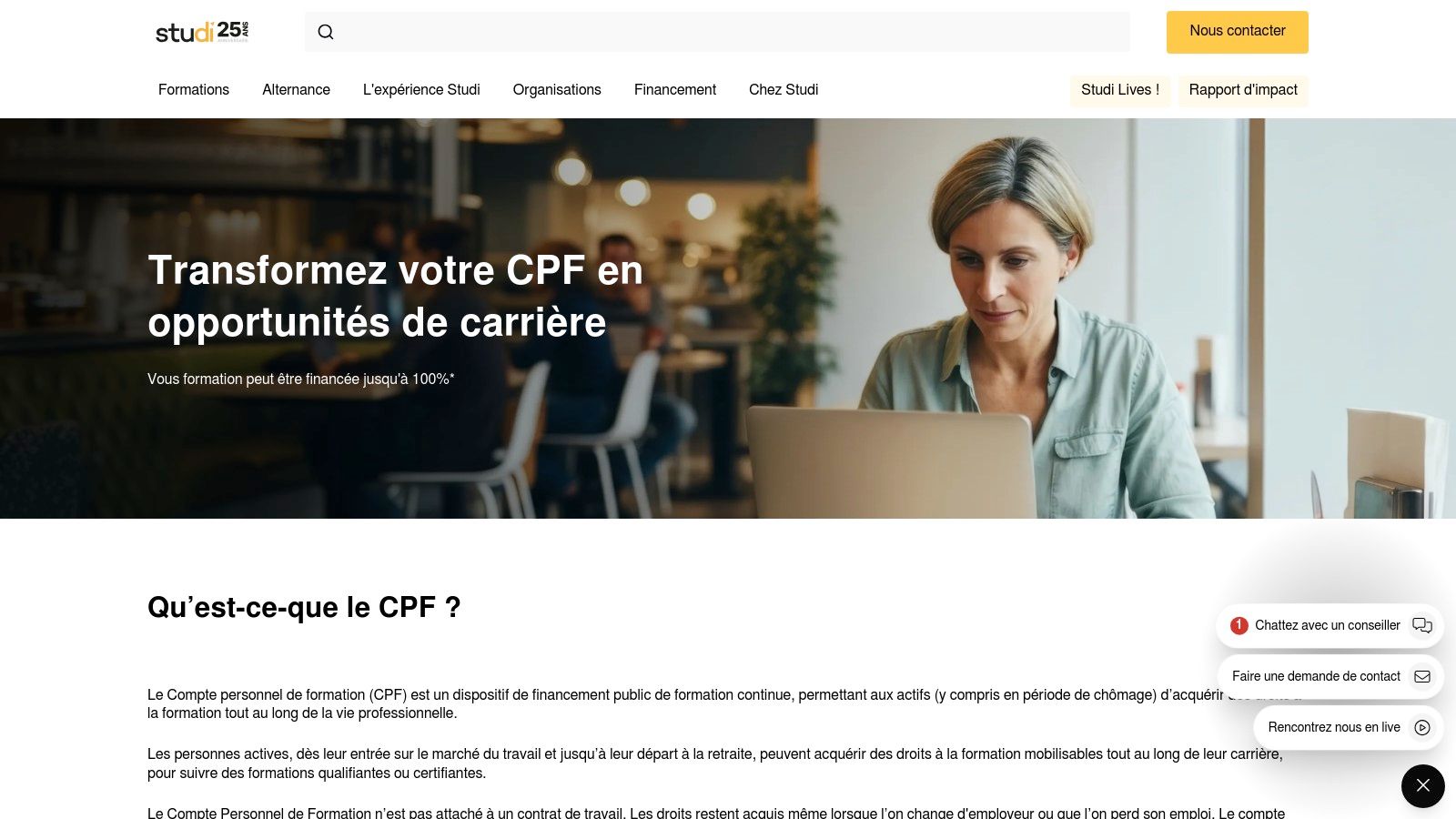Interface du site Studi présentant les options de financement CPF