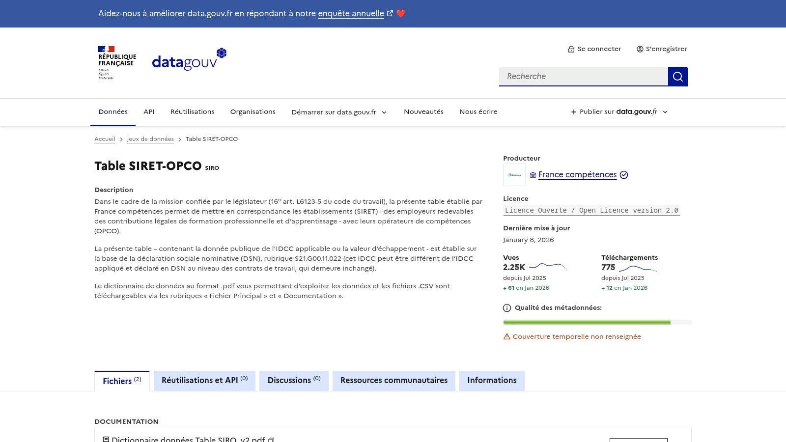 data.gouv.fr – Jeu de données « Table SIRET‑OPCO (SIRO) »