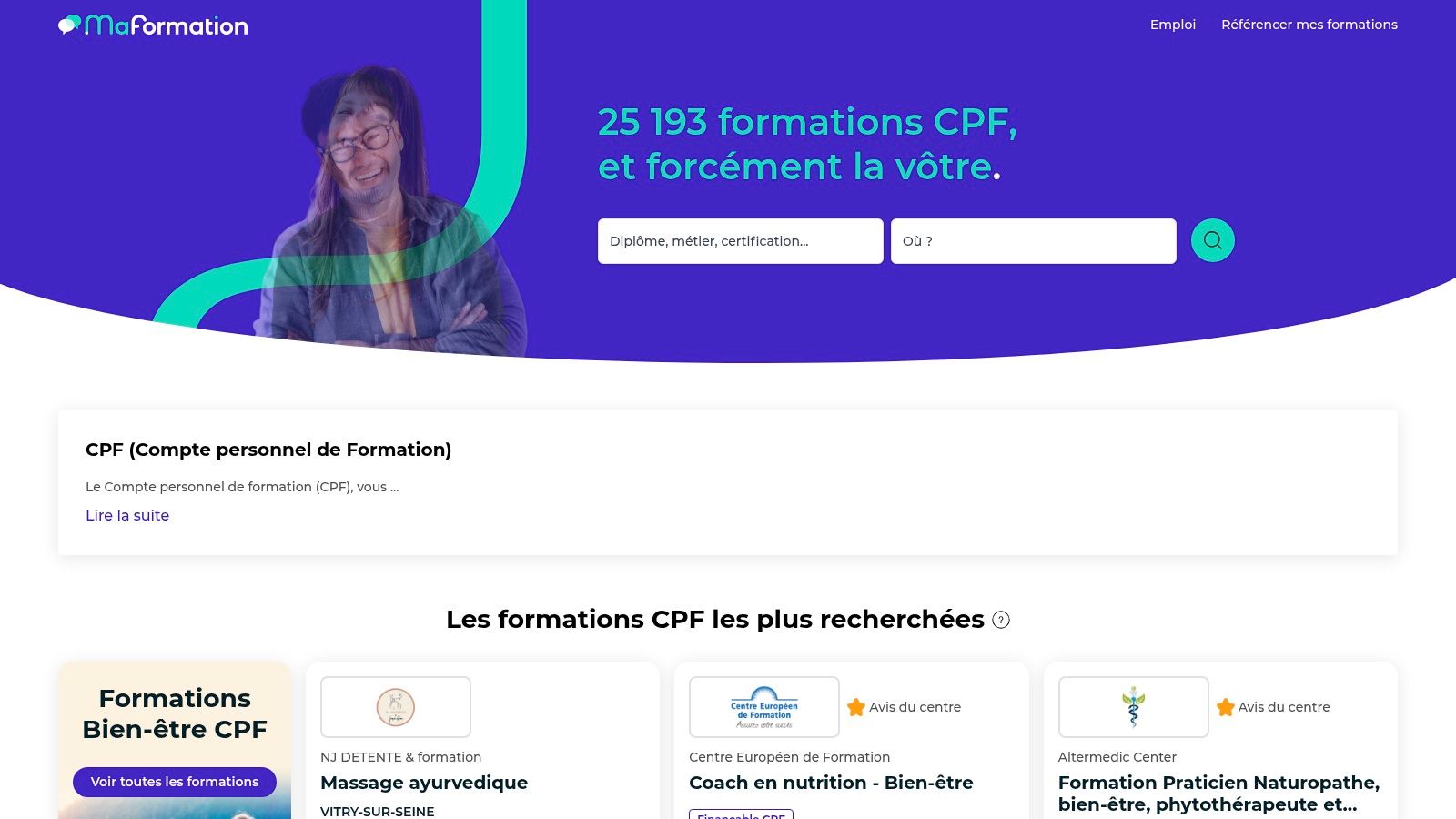 Interface du site MaFormation (HelloWork)