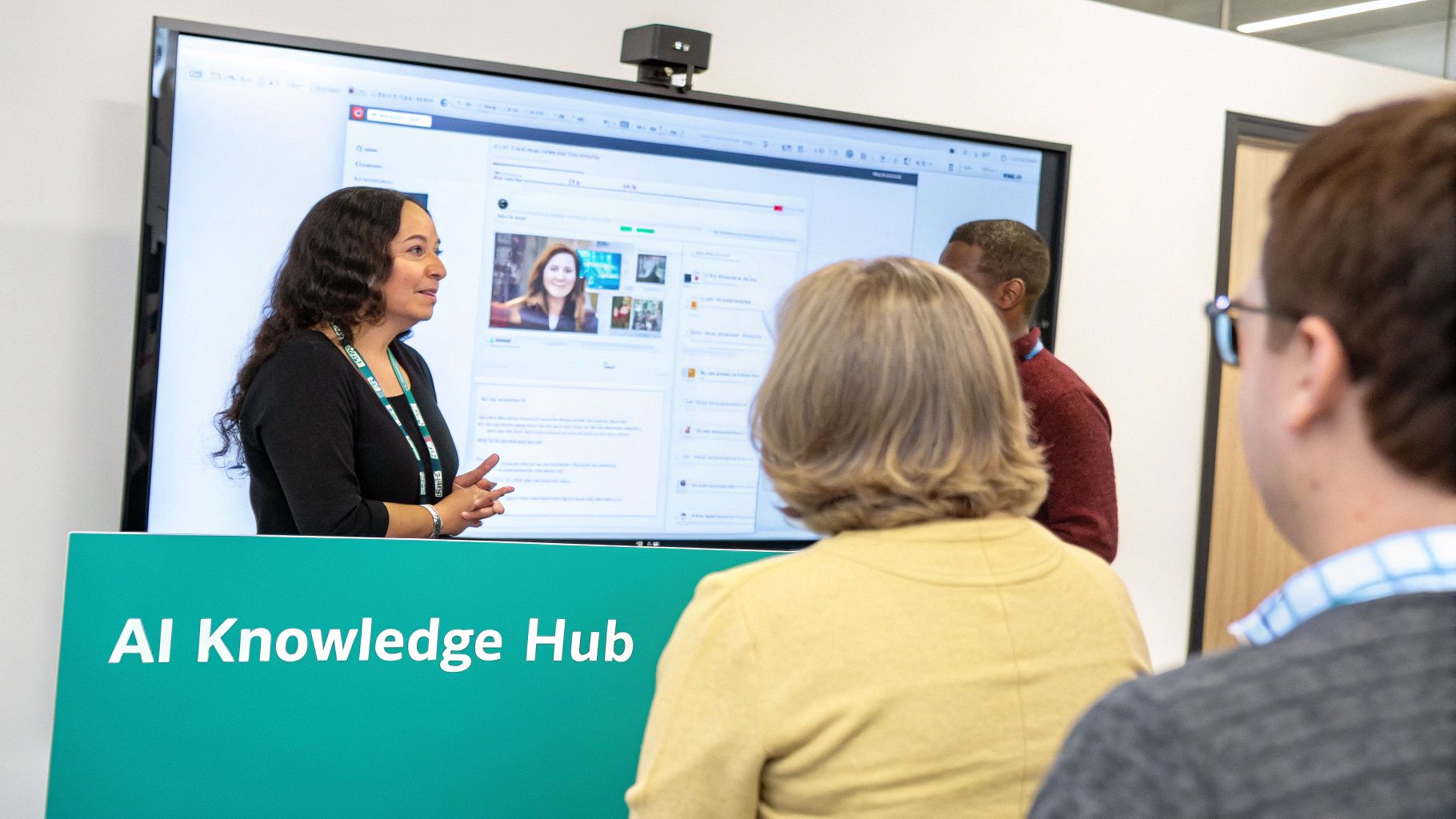 Woman presenting at an 'AI Knowledge Hub' event, engaging an audience in front of a large display screen.