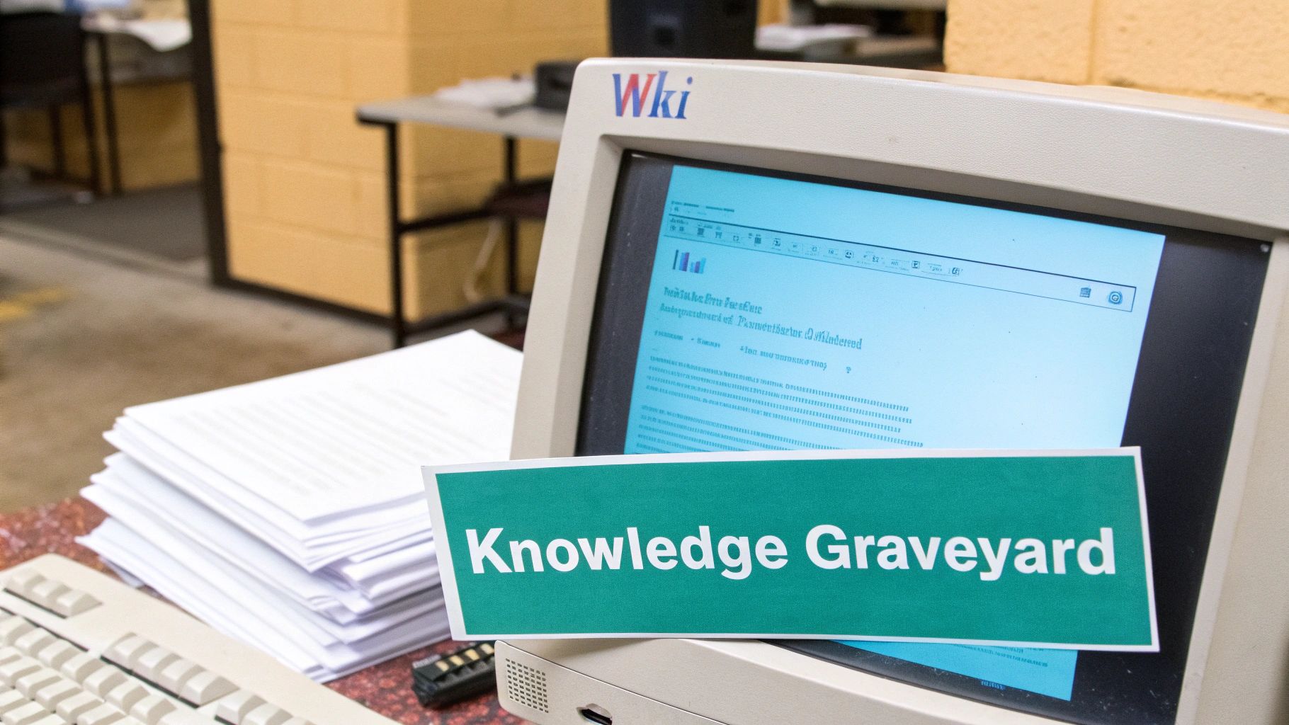 A vintage WKi computer monitor displays text, next to a 'Knowledge Graveyard' sign and papers.