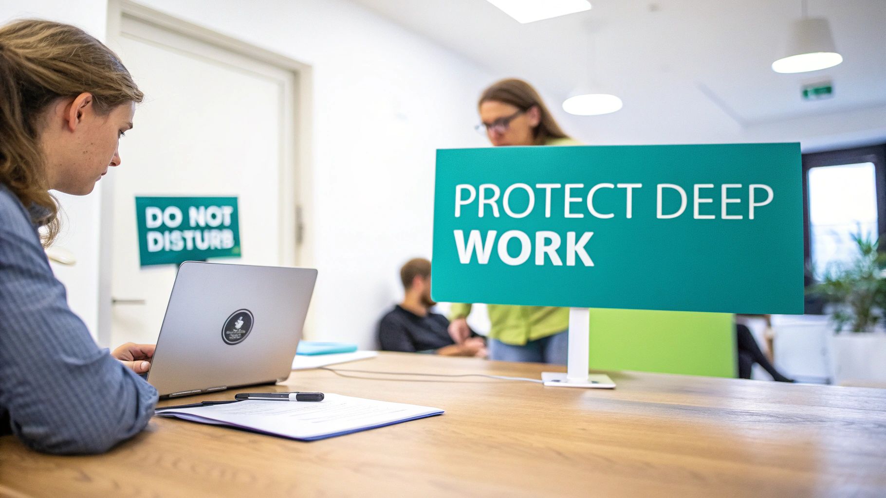 A person works on a laptop at a desk, with 'DO NOT DISTURB' and 'PROTECT DEEP WORK' signs visible.
