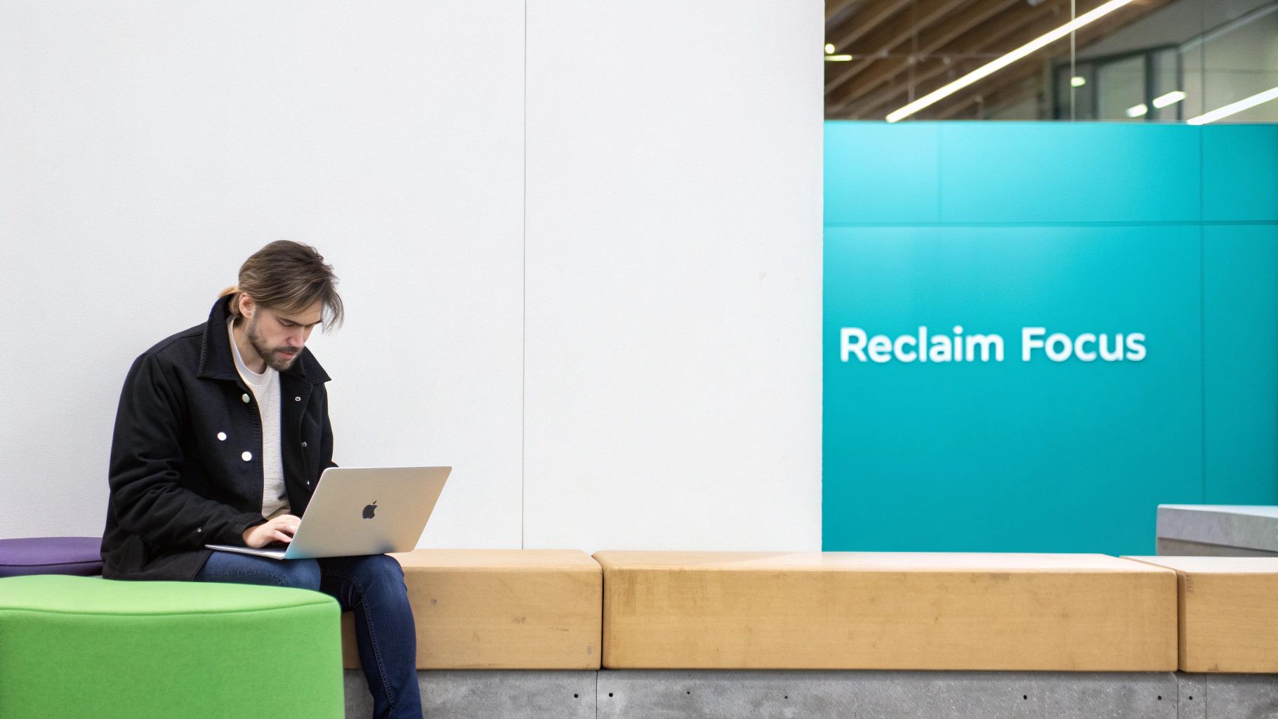 A man with a ponytail sits on a green stool, focused on his laptop in a modern office.
