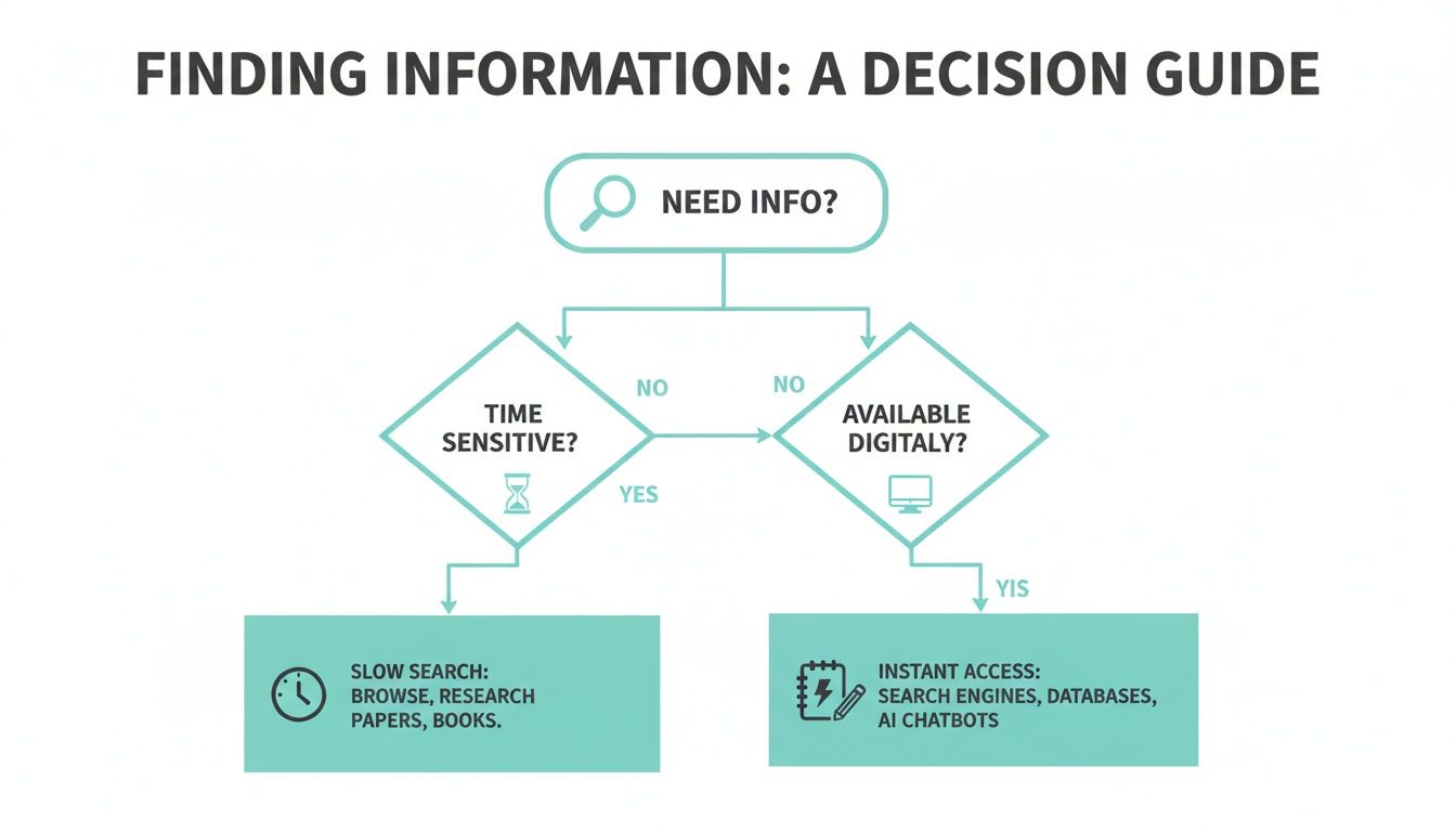 A flowchart provides a decision guide for finding information, considering time sensitivity and digital access.