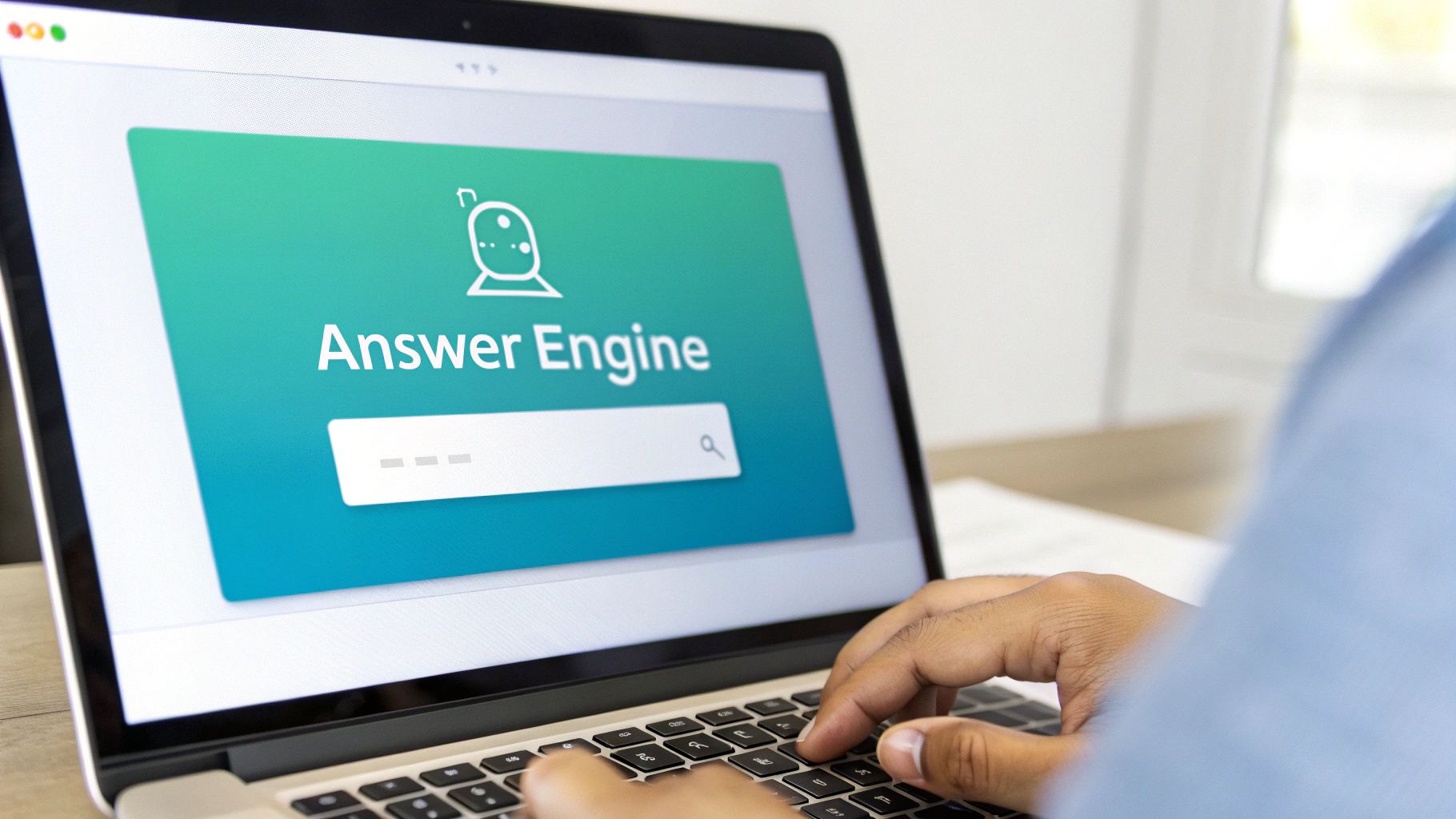 Person typing on a laptop displaying an 'Answer Engine' search interface with a bell icon.