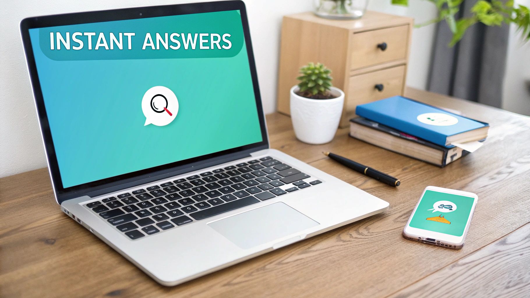 A laptop and smartphone on a wooden desk display 'INSTANT ANSWERS' and search icons.