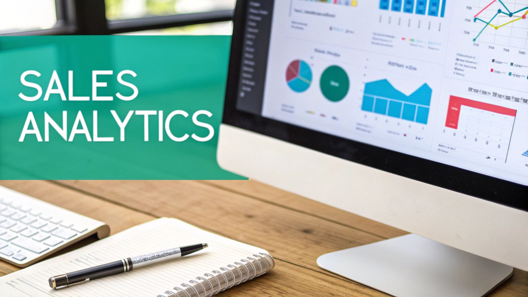 A 'SALES ANALYTICS' banner and a computer monitor showing data dashboards on a desk.