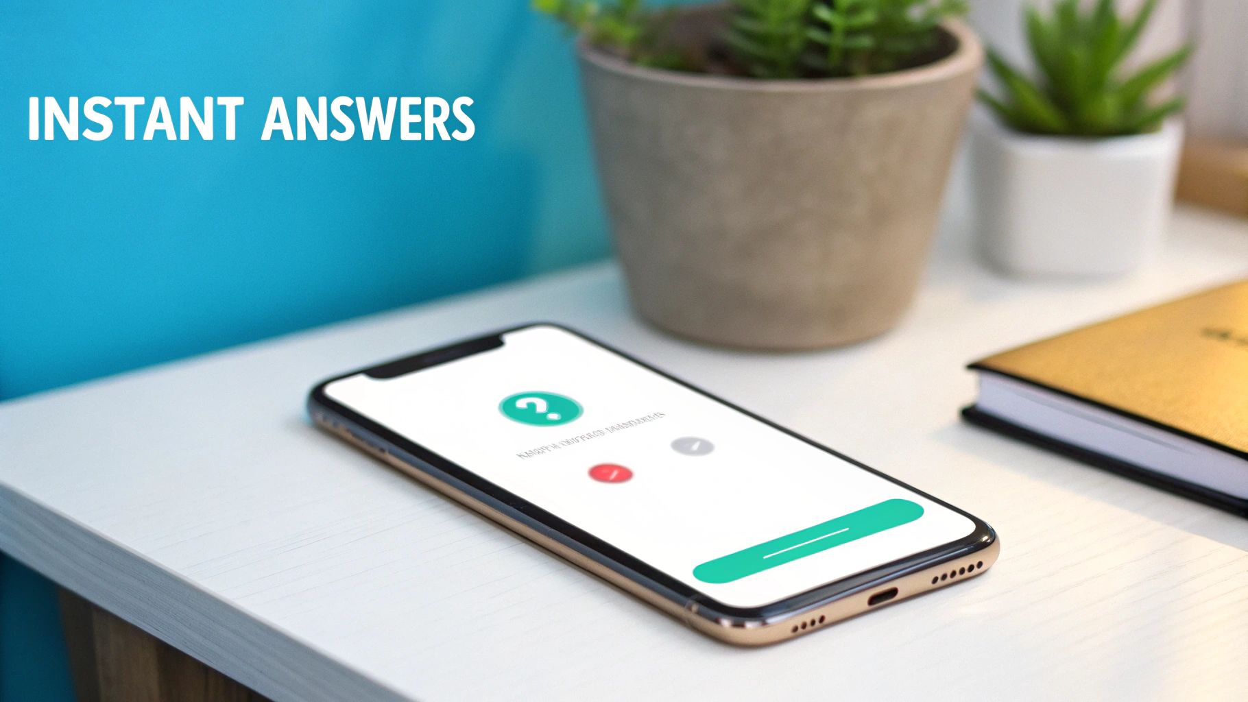 A smartphone on a desk showing an app with a question mark and the text 'INSTANT ANSWERS'.