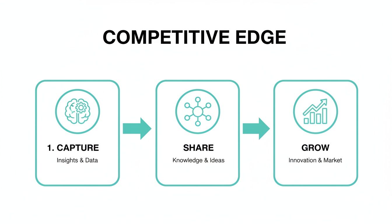 A diagram outlining a three-step process for competitive edge: capturing insights, sharing knowledge, and driving growth.