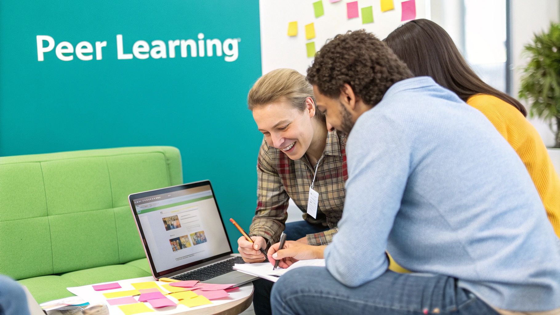 Three diverse people collaboratively working on a laptop and taking notes in a peer learning environment.