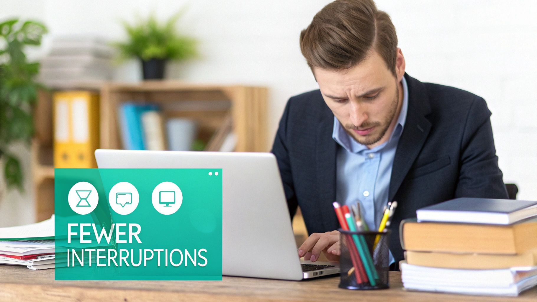 A focused man works on his laptop with a graphic overlay promoting 'Fewer Interruptions' through digital tools.