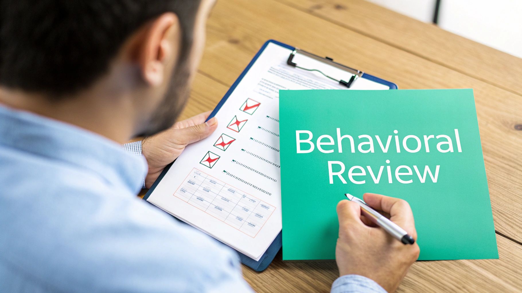 A person reviewing a document with checkboxes and a 'Behavioral Review' sign on a wooden table.