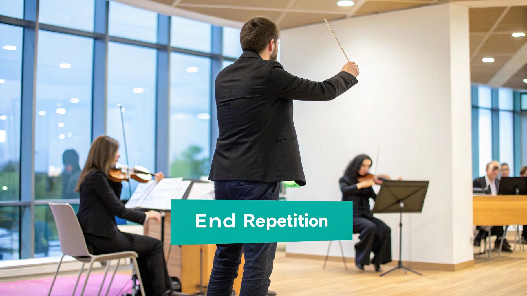 A male conductor leads an orchestra with violinists in a modern hall with large windows.