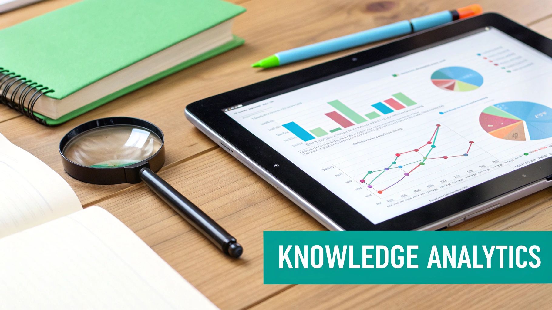 A flat lay of a desk with a tablet displaying data analytics charts, a notebook, magnifying glass, and stylus, symbolizing knowledge analytics.