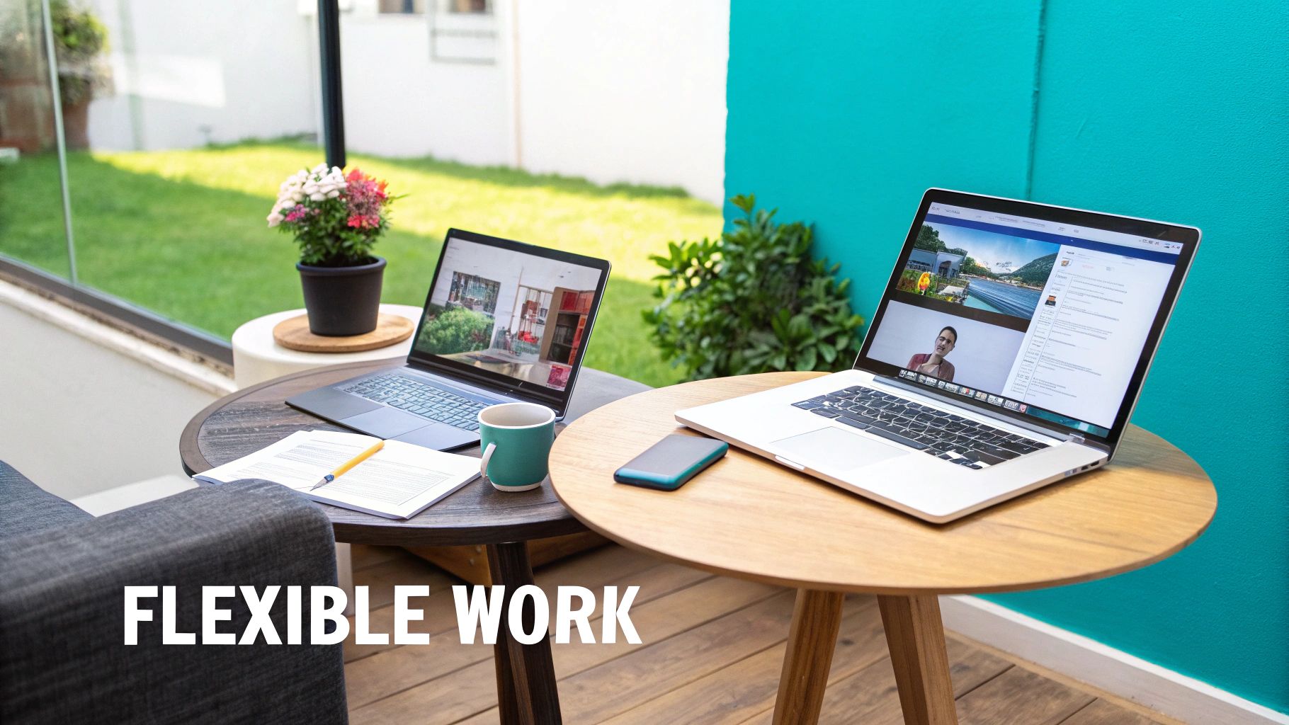 Two laptops on wooden tables in an outdoor setting, symbolizing flexible and remote work.