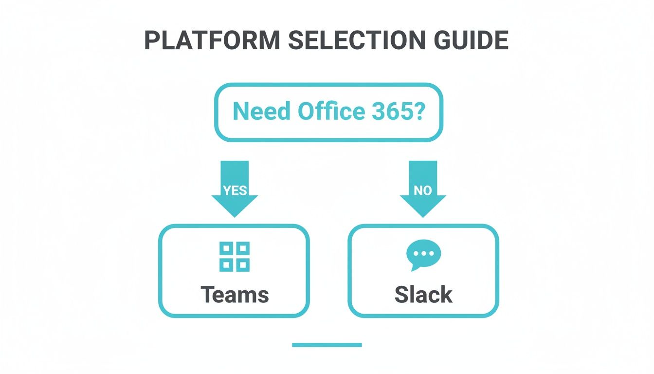 A decision guide flowchart helping users choose between Microsoft Teams and Slack.